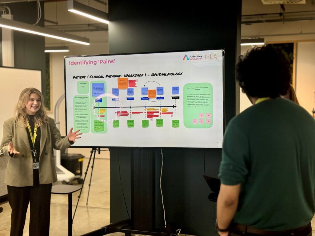 A photo showing a blonde lady giving a presentation